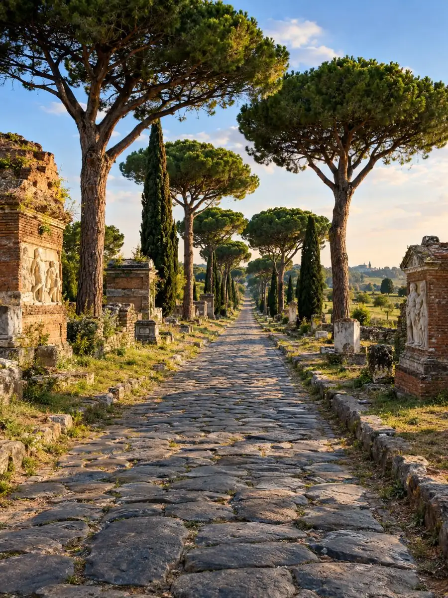 The Appian Way between two rows of stone pines, with the remains of tombs along the sides of the road